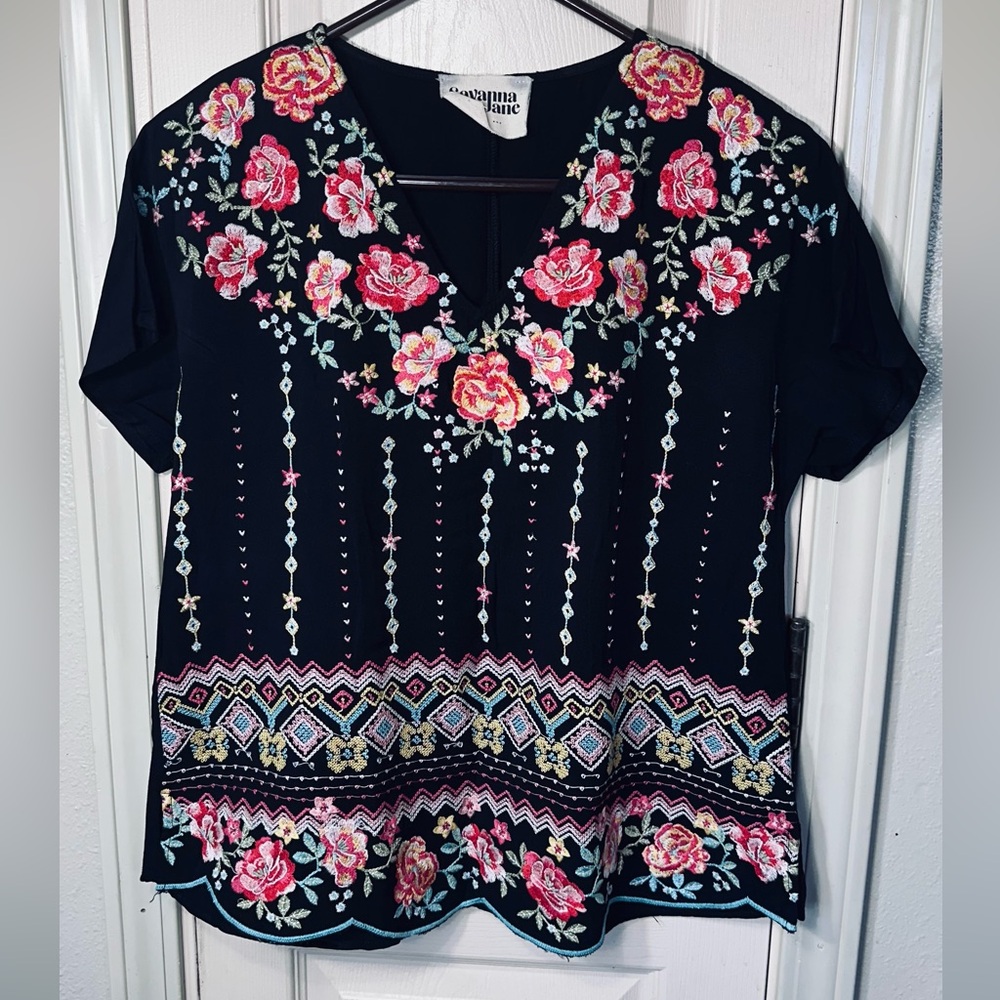 Savanna Jane Black Top with Pink Floral Embroidery small